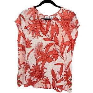 Halston Heritage Linen Cap Sleeve Orange Floral Top Women Size Large Resortwear